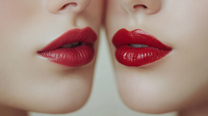 Fototapeta premium Close-up of two women's lips gently touching in a kiss, symbolizing love, intimacy, passion, and connection, highlighting beauty, desire, and tender affection