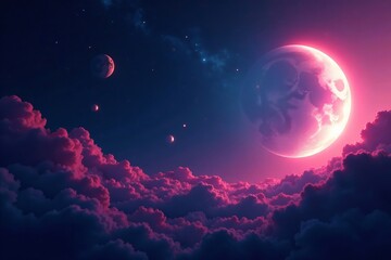 Obraz premium Artistic rendering of crescent moons floating against nebula backdrop, ethereal, cosmos, surreal