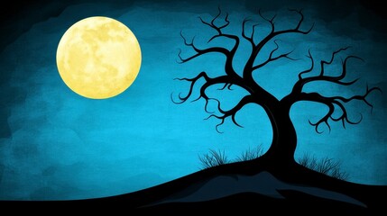 Silhouette of Leafless Tree Under a Pale Yellow Moon at Night