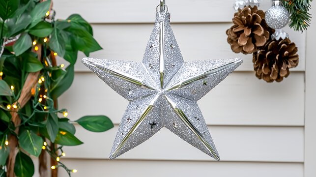 Silver Glitter Star Christmas Ornament Hanging Outdoors - Powered by Adobe