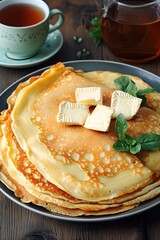 Delicious Golden Brown Crepes Stack with Creamy Brie Cheese and Fresh Mint