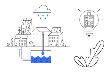 Cityscape with solar panels, rainwater collection tank, and piping network. Adjacent lightbulb containing an electric circuit and leaf outline. Ideal for sustainability, urban planning, green energy