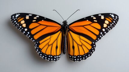 Fototapeta premium Close-up view of a vibrant monarch butterfly showcasing intricate wing patterns on a neutral background