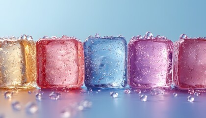 Five Colorful Ice Cubes Arranged In A Row Displaying Droplets