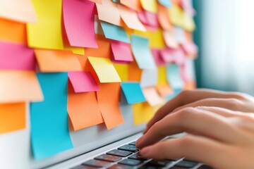 Hybrid Workspace Creativity Vibrant Digital Collaboration and Remote Team Brainstorming with Colorful Sticky Notes - Gen Z Productivity Innovation