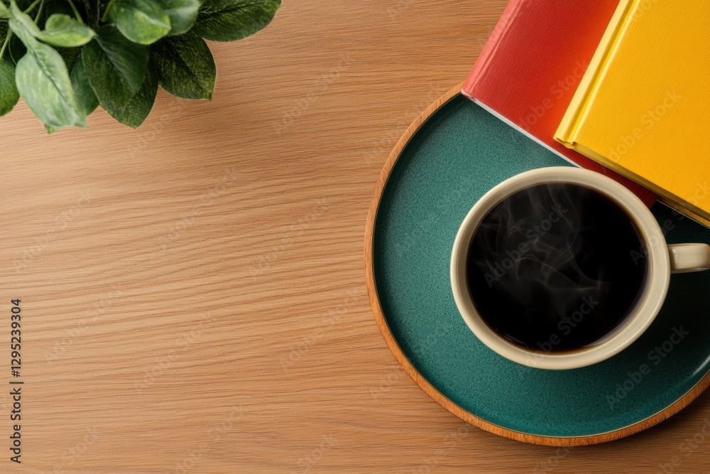 Poster Minimalist Workspace Serenity Color-Block Coffee Moment with Botanical Accent - Productivity and Creative Inspiration for Modern Professionals