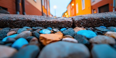 Obraz premium Immersive Urban Texture Exploration Cinematic Cobblestone Perspective with Twilight Warmth - Innovative Street for Digital Storytelling and Design Inspiration