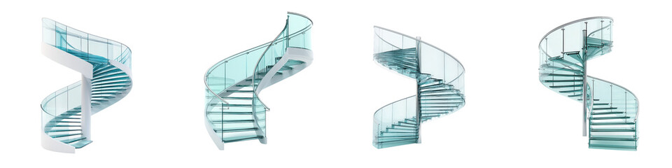 Elegant spiral glass staircase with minimalist contemporary design in a bright open commercial or office interior  The transparent