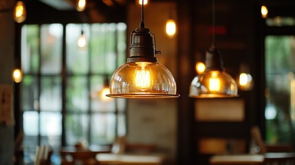 Warm Edison Bulbs illuminate cafe interior
