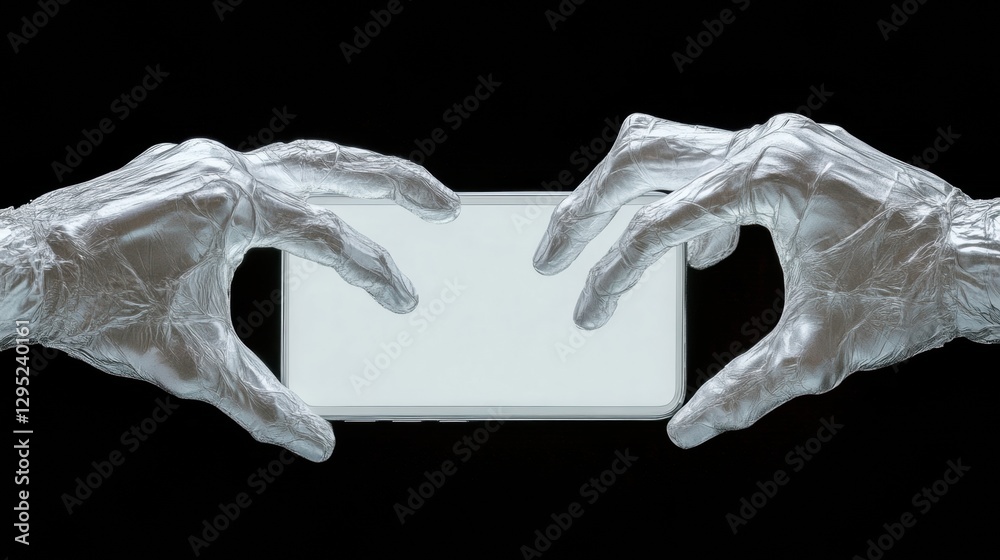 Poster digital dystopia chrome hands and smartphone screens - immersive visual metaphor for tech addiction,