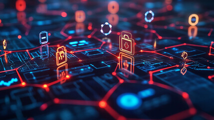 Abstract digital healthcare network technology data visualization red blue.