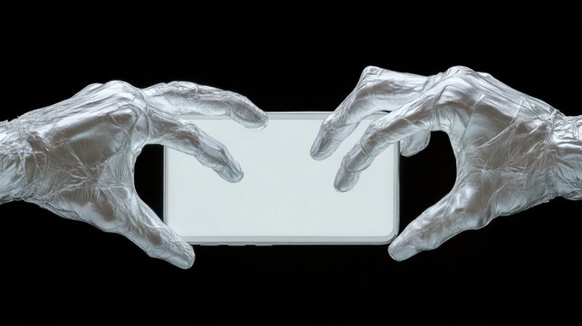 Digital Dystopia Chrome Hands and Smartphone Screens - Immersive Visual Metaphor for Tech Addiction, Generational Disconnection, and Hyper-Connected Lifestyle Tensions