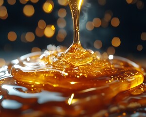 Honey pouring, golden texture, dark bokeh. Food, recipe