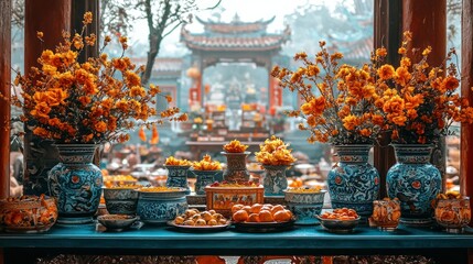 Fototapeta premium Temple Offerings with Orange Flowers