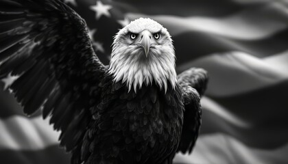 Striking bald eagle depicted with outstretched wings set against the American flag in monochrome Great for patriotic or national symbolism projects.