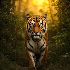 Obraz premium Majestic Tiger in the Golden Jungle AI Image