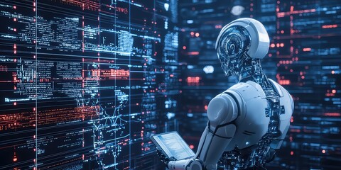 AI analyzing large data sets and compiling a research summary.