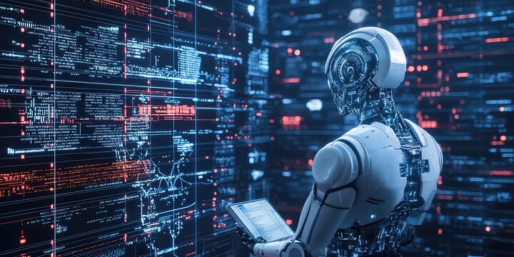 AI analyzing large data sets and compiling a research summary.