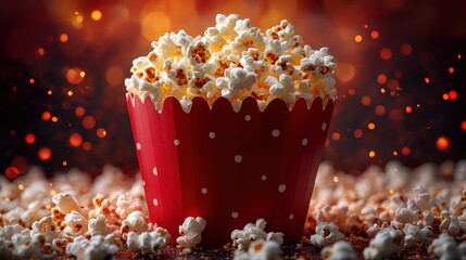 buttered popcorn in red paper bag isolated on transparent background catoon style