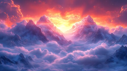Fiery sunset over snowy peaks, cloudscape, fantasy landscape, desktop wallpaper