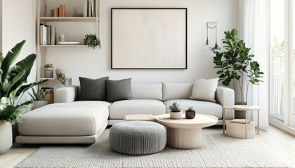 Chic small living room in neutrals with modular sofa and succulents 3. Generative AI