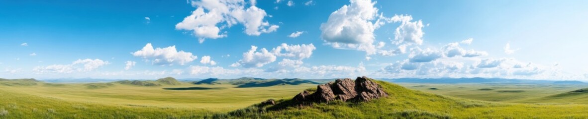 Fototapeta premium Eco-Tranquil Landscape Serene Mongolian Grasslands Panorama - Sustainable Climate Storytelling for Global Conservation Marketing