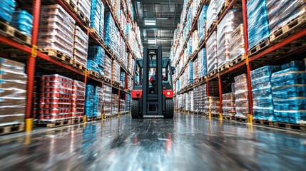 Fototapeta premium Forklift navigating warehouse aisle, stocked goods