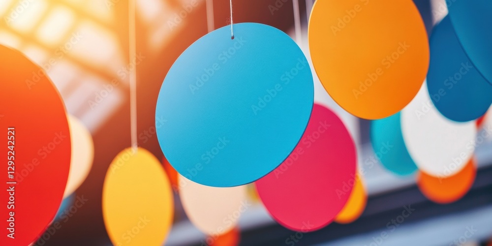 Poster Vibrant Data Visualization Hanging Color Discs Symbolizing Dynamic Business Intelligence, Creative Analytics, and Modern Collaborative Workplace Strategies