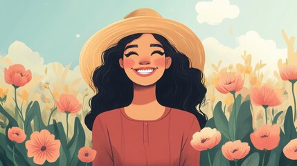 A cheerful woman in a hat smiling while standing in a field of flowers, radiating positivity and warmth