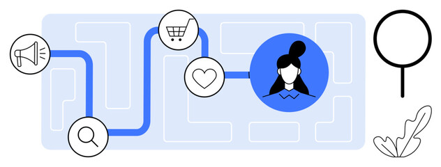 Woman s profile connected by a blue path to icons of a megaphone, magnifying glass, heart, and shopping cart. Ideal for customer journey, marketing strategy, user experience, advertising, e-commerce
