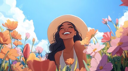 A cheerful woman in a hat smiling while standing in a field of flowers, radiating positivity and warmth