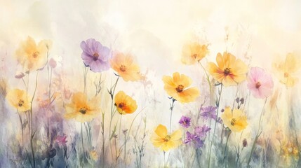 Watercolor field of wildflowers, soft pastel colors, sunlight filtering through