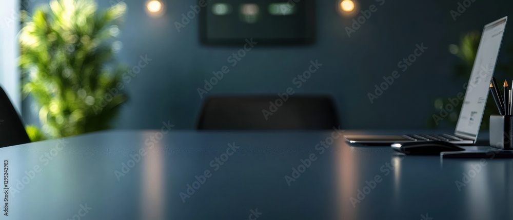 Poster minimalist tech workspace navy glass surface with urban cybersecurity aesthetic - modern professiona