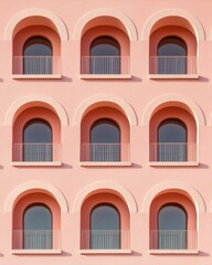 Fototapeta premium Soft Modernist Urban Living Arched Terracotta Residential Design Showcasing Harmonious Architectural Rhythm and Contemporary Minimalist Aesthetic