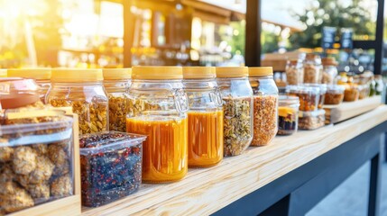 Fototapeta premium Zero waste lifestyle showcase at a vibrant farmers market close-up of reusable container products in golden light