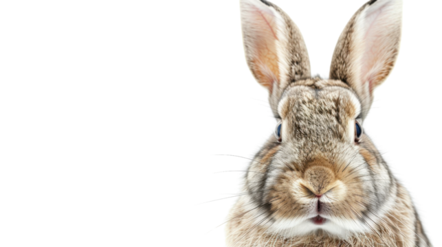 Close-up of european rabbit showing its whiskers on transparent background