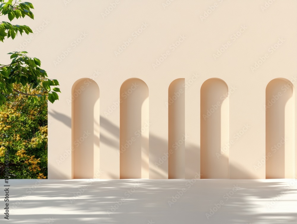 Poster minimalist botanical arch design soft neutral architectural backdrop with natural organic shapes - c