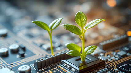 Nature Sprouts from Circuitry, Symbolizing Sustainable Technology and the Intertwining of Innovation and Growth