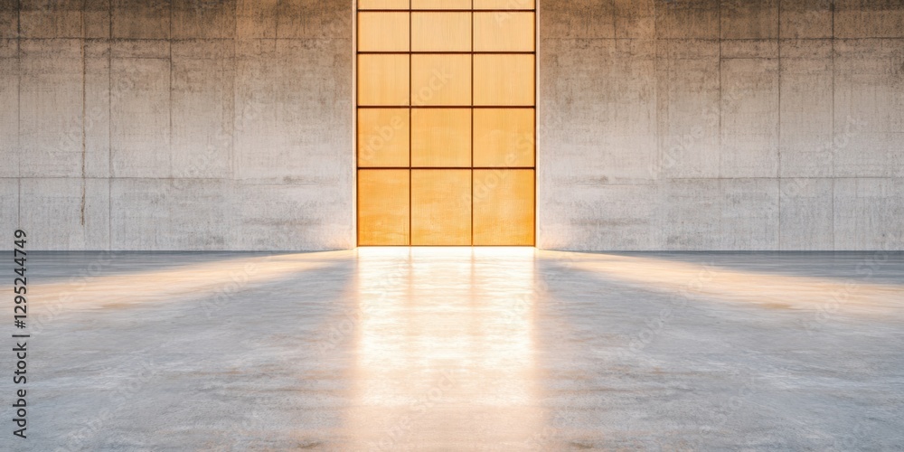 Poster minimalist industrial architecture golden light illuminating concrete workspace - innovative design 
