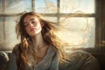 Fototapeta premium Young woman with long hair blowing in the wind, near a window. Perfect for themes of freedom, peace, and natural beauty.