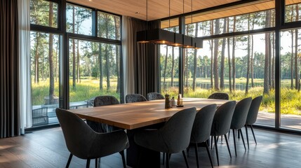Fototapeta premium Modern Dining Room with Scenic View of Forest and Natural Light