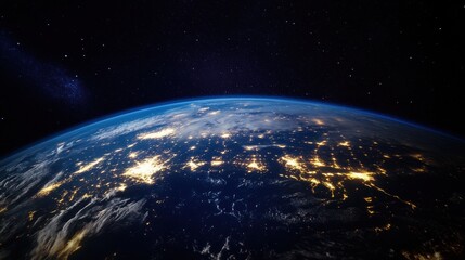 Fototapeta premium Global Connectivity Reimagined Atmospheric Night Earth Visualization for Climate Tech, Sustainability Insights and Immersive Data Storytelling in 8K Resolution
