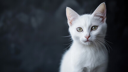 A lonely white cat in a black, green eyes on camera, minimalist and modern background 