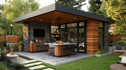 Modern outdoor kitchen shed in backyard