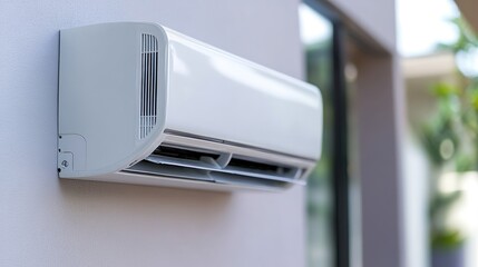 White AC unit mounted on beige wall exterior of modern home with blurred background