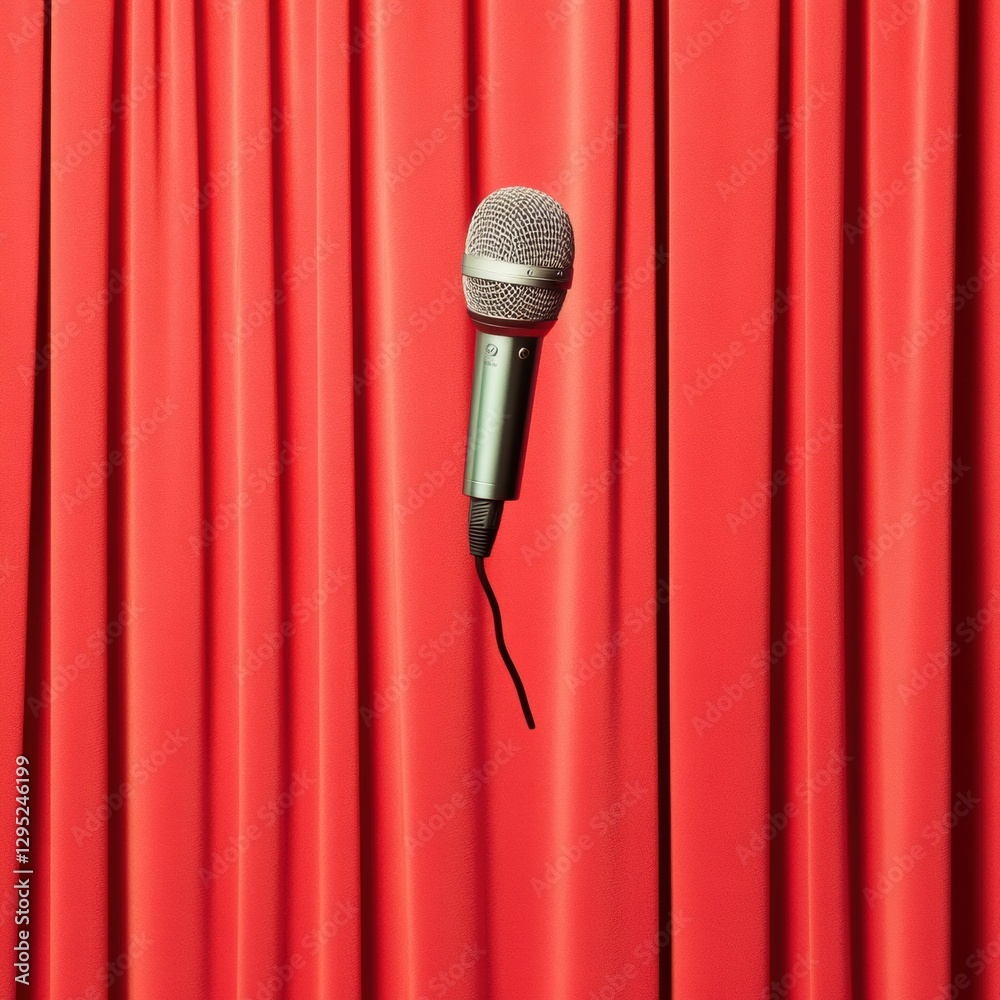 Poster surreal comedy branding minimalist suspended microphone against vibrant red curtain - dynamic perfor