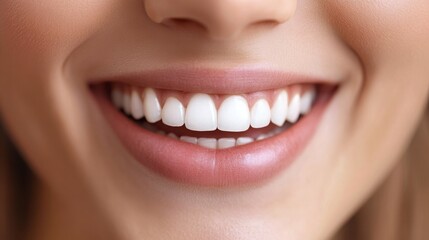 Obraz premium Close-up of a joyful smile with white teeth and dimples, radiating happiness and positivity against a soft blurred background