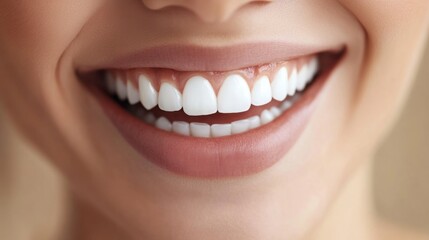 Fototapeta premium Close-up of a joyful smile with white teeth and dimples, radiating happiness and positivity against a soft blurred background