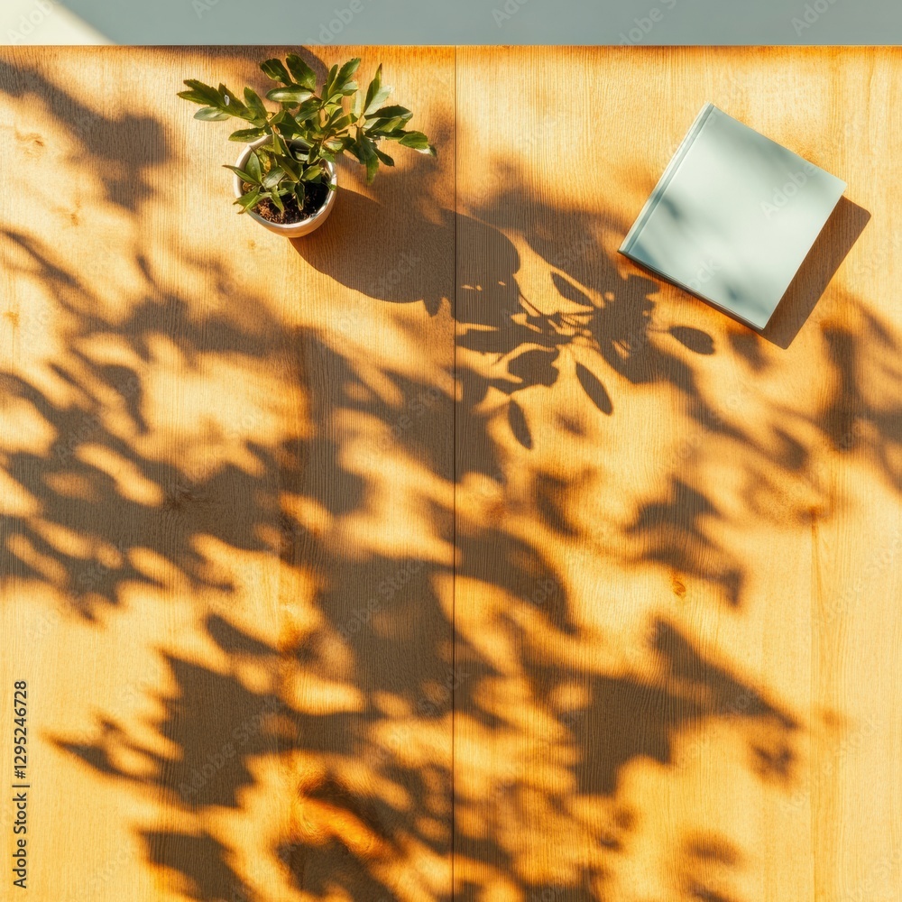 Poster Golden Hour Minimalism Botanical Shadow Play with Soft Tech Notebook - Mindful Workspace Design Inspiring Creative Productivity and Wellness Aesthetics