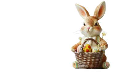 Easter bunny holding basket with colorful eggs on transparent background